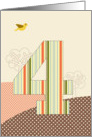 Happy 4th Birthday, Bird, Trees, Big Plaid ’4’ card