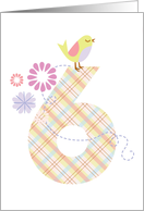 Happy 6th Birthday, Bird, Flowers & Large Plaid ’6’ card