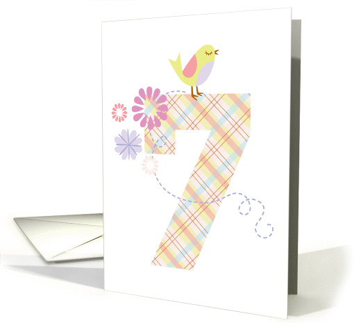 Happy 7th Birthday, Bird, Flowers & Big Plaid '7' card (929415)