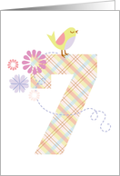 Happy 7th Birthday, Bird, Flowers & Big Plaid ’7’ card