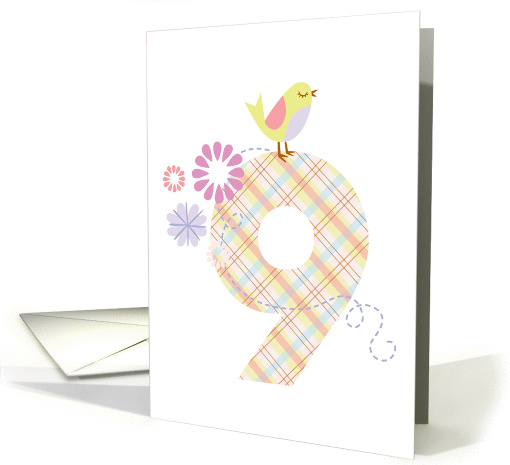 Happy 9th Birthday, Bird, Flowers & Big Plaid '9' card (929419)