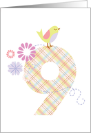 Happy 9th Birthday, Bird, Flowers & Big Plaid ’9’ card