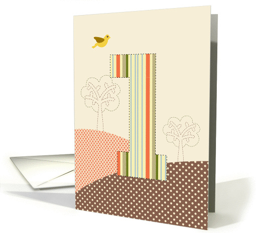 Happy 1st Birthday, Bird, Trees, Big Plaid '1' card (929424)