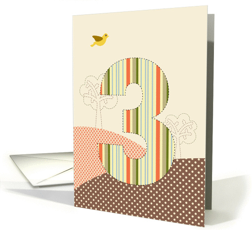 Happy 3rd Birthday, Bird, Trees, Big Plaid '3' card (929426)