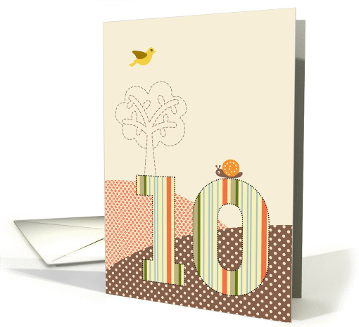 Happy 10th Birthday, Bird, Snail, Tree, Big Plaid '10' card (929435)