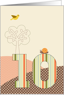 Happy 10th Birthday, Bird, Snail, Tree, Big Plaid ’10’ card