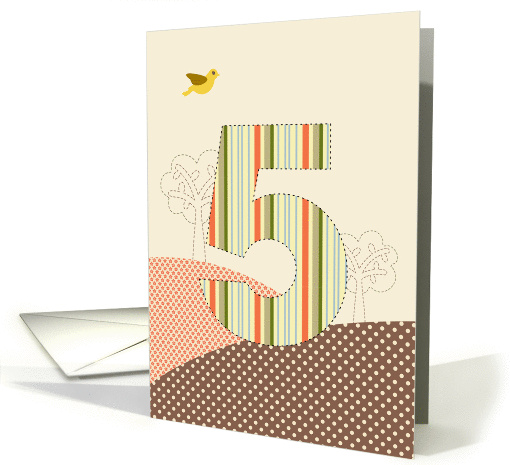 Happy 5th Birthday, Bird, Trees, Big Plaid '5' card (929436)