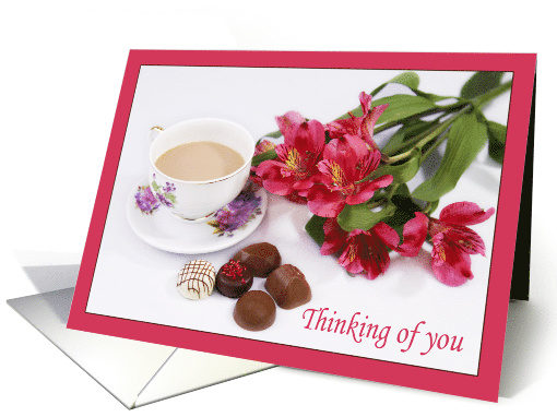 Thinking of you with Coffee,Peruvian Lilies And Chocolates card