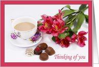 Thinking of you with Coffee,Peruvian Lilies And Chocolates card