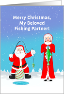 Fishing Couple in Love Christmas Santa and Mrs Claus card