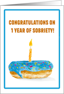 Congratulations on One Year of Sobriety Blue Glazed Donut with Candle card