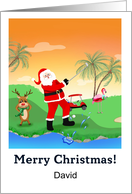 Merry Christmas Santa Playing golf in Tropicals Name card