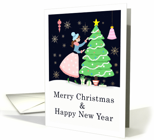 Vintage Merry Christmas 1950 Woman Decorating Christmas Tree card