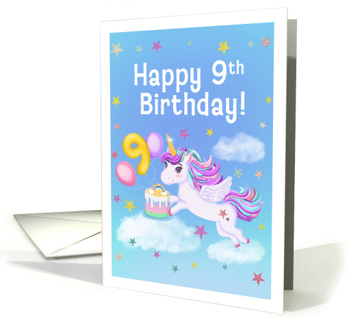 Happy 9th Birthday Unicorn with Birthday Cake card (1931234)