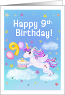 Happy 9th Birthday Unicorn with Birthday Cake card