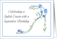 Happy September Birthday Cousin Blue Aster Flower High Heel card
