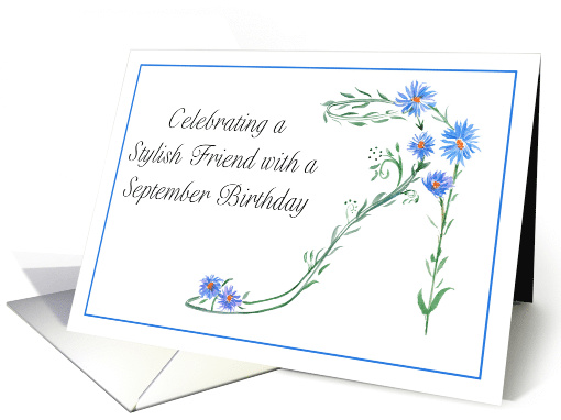 Happy September Birthday Friend Blue Aster Flower High Heel card