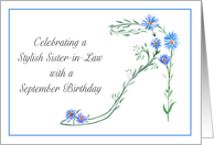 Happy September Birthday Sister in Law Blue Aster Flower High Heel card