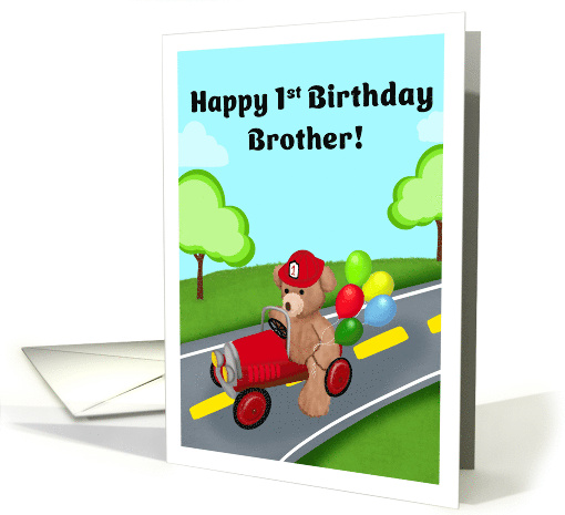 Happy 1st Birthday Brother Teddy Bear Riding Firetruck card (1940856)