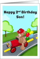 Happy 2nd Birthday Son Teddy Bear Riding Firetruck card