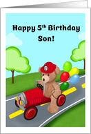 Happy 5th Birthday Son Teddy Bear Riding Firetruck card