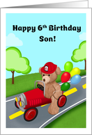 Happy 6th Birthday Son Teddy Bear Riding Firetruck card