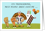 Happy Thanksgiving Birthday Cake Pies and Turkey Referee card