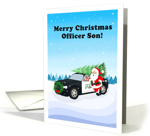 Merry Christmas Officer Son With Santa Leaning Against Cop Car card
