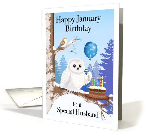 Husband Happy January Birthday Snowy Owl with Cake card (1954602)