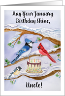 Uncle January Birthday with Backyard Birds and Cake card