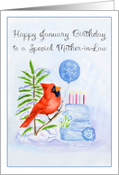 Mother in Law Happy January Birthday Cardinal with Cake card