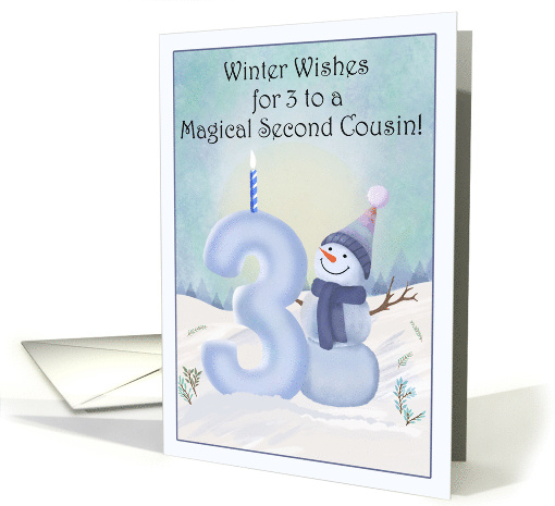 Second Cousin Happy 3rd Birthday Snowman and a Snowy Three card