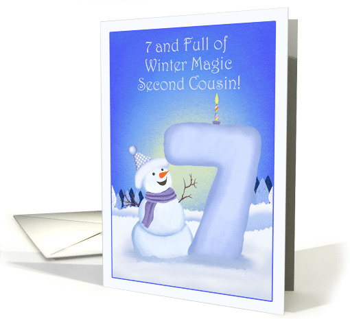 Second Cousin Happy 7th Birthday Snowman with a Snowy Seven card