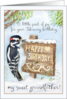 Grandfather Happy February Birthday Downy Woodpecker card