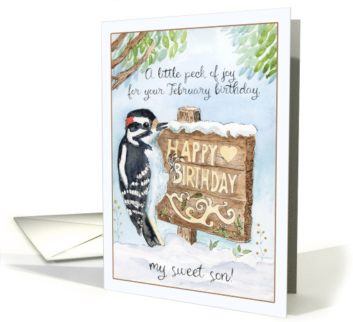 Son Happy February Birthday Downy Woodpecker card (1958678)