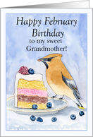 Grandmother Happy February Birthday Cedar Waxwing With Cake card