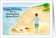 Grandson Happy Birthday Boy Running Along the Beach card