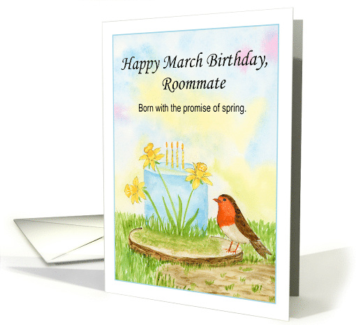 Roommate Happy March Birthday Robin with Daffodil Cake card (1962380)
