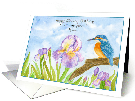 Niece Happy February Birthday with Irises and Kingfisher card