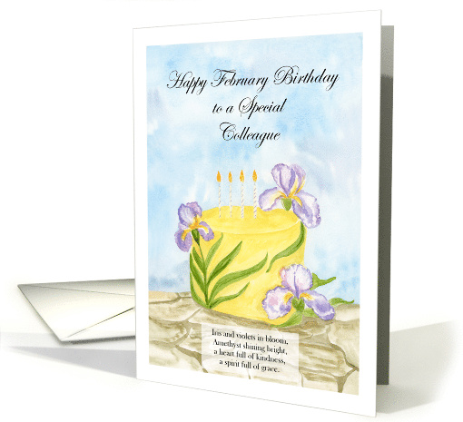 Colleague Happy February Birthday with Irises Birthday Cake card
