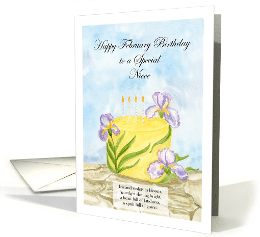 Niece Happy February Birthday with Irises Birthday Cake card (1965004)
