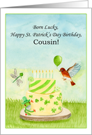 Cousin Happy St Patricks Day Birthday with Robin, Cake and Frog