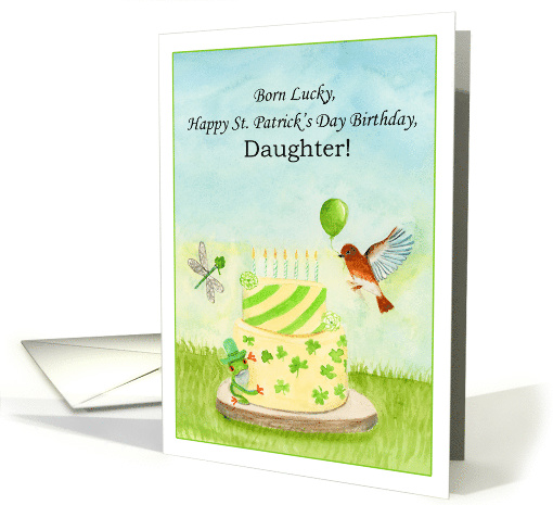Daughter Happy St Patricks Day Birthday Robin, Cake and Frog card
