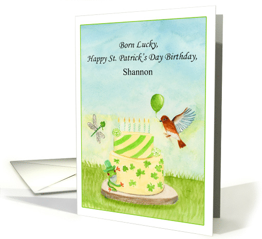Personalize Happy St Patricks Day Birthday Robin, Cake and Frog card