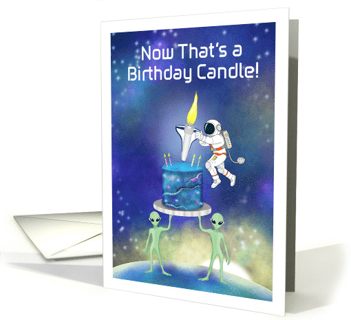 Humorous Space Birthday Funny Cake Candle Scene with Astronaut card