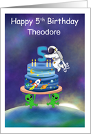 Name Happy 5th Birthday Astronaut with Aliens and Birthday Cake