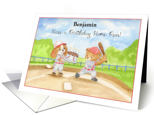 Name Birthday Baseball Teddy Bear and Cavalier King Charles card