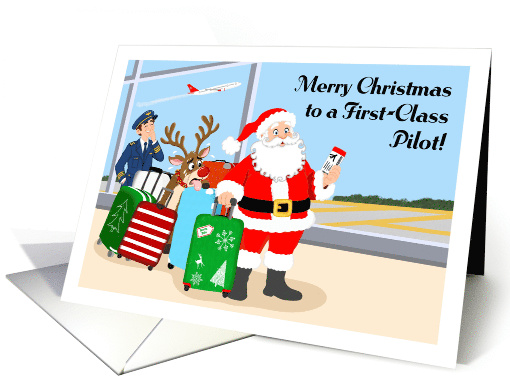 Male Pilot Funny Christmas Santa and Reindeer Airport Adventure card