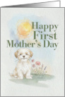 First Mothers Day Shih Tzu Puppy and Flowers Watercolor card