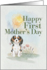 First Mothers Day Tricolor Cavalier Spaniel Puppy Dog and Flowers card
